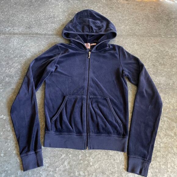 Vintage Y2K Juicy Couture KARMA Heart Velour Track Jacket Hoodie Small Blue USA - Picture 3 of 10